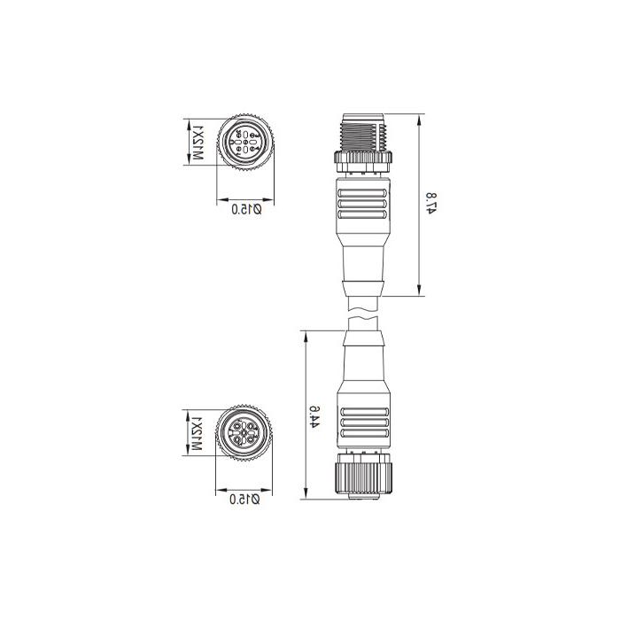 M12 4Pin 母头直型转公头直型、双端预铸PUR柔性电缆、带屏蔽、紫色护套、0C4A41-XXX